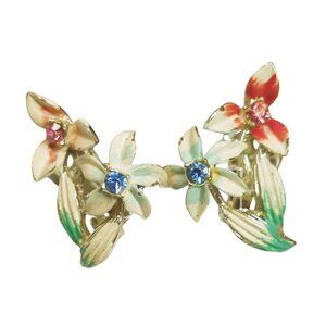 Vintage Floral Clip-On Earrings With Enamel Flowers & Rhinestones